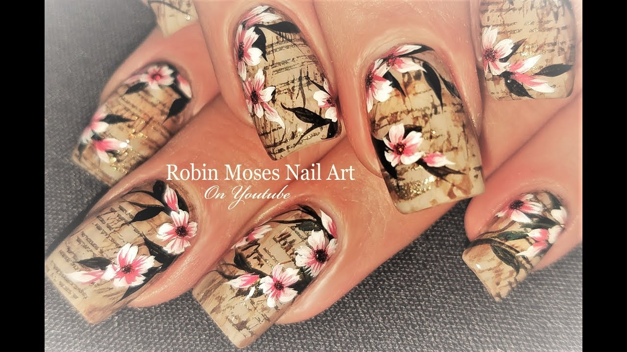 Faux Vintage Newsprint and Flowers Nails  Antique Nail Art Design Tutorial  