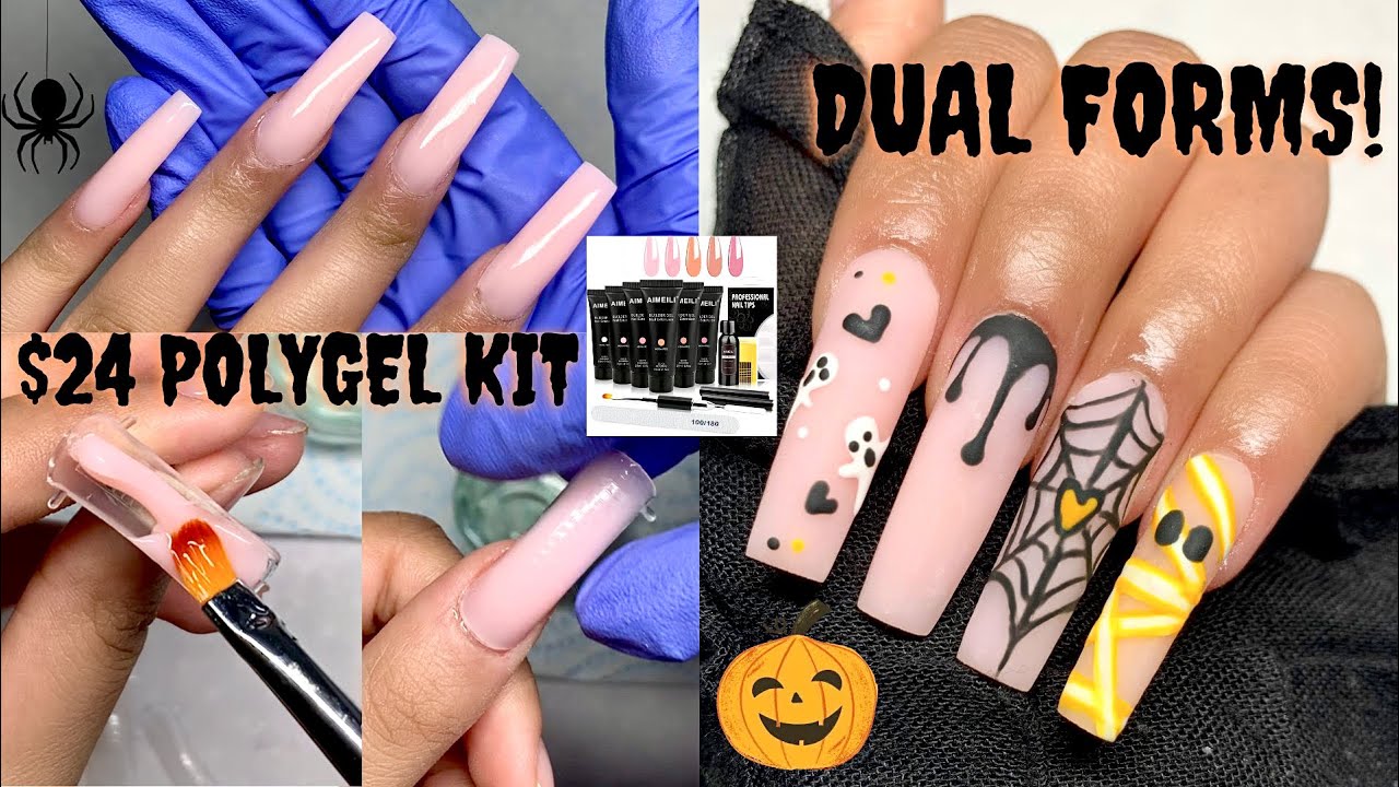 TRYING A $24 AMAZON POLYGEL KIT | DUAL FORM NAIL TUTORIAL + EASY HALLOWEEN NAIL ART