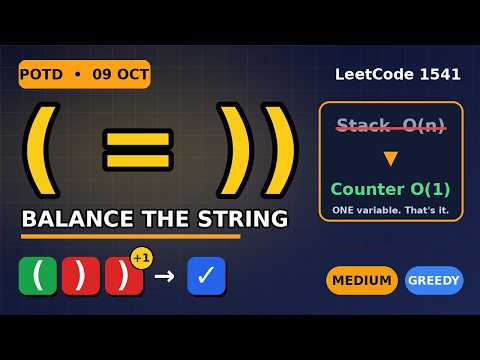 LeetCode 1541 | Minimum Insertions to Balance a Parentheses String (C++) | POTD 9 Oct 2026 | Greedy