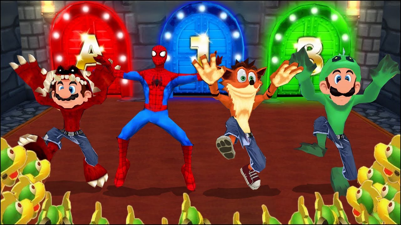 Mario Party 9 MiniGames Mario Vs Spider Man Vs Luigi Vs Crash Bandicoot ((Master Difficulty)