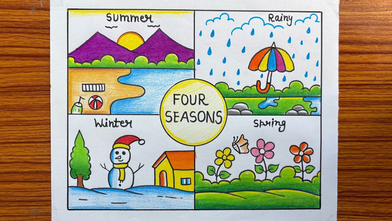 Four Seasons Scenery Drawing | How to Draw Summer, Rainy, Winter ...
