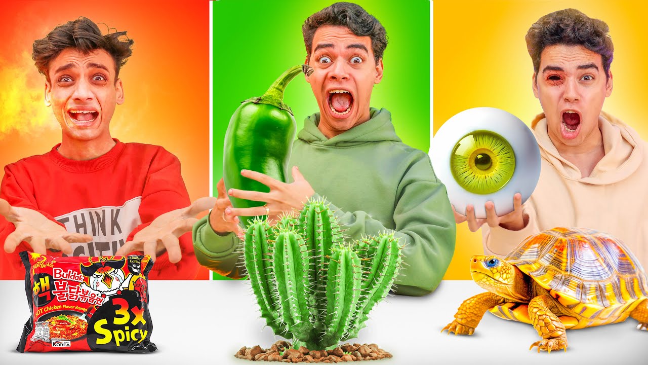 تحدي اكل يوم كامل بنفس لون ملابسنا ♥️💚💛 القيصر عيط💔😭