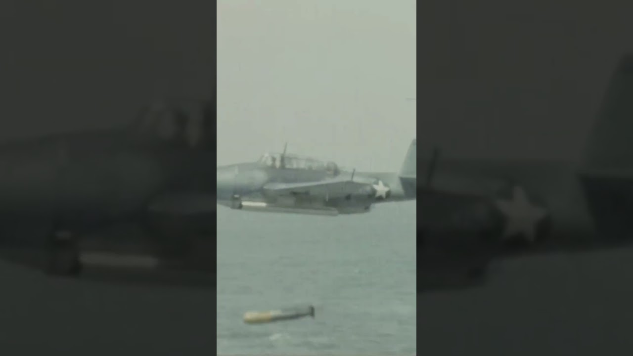 TBF Avenger Launches a Torpedo at Japanese Ship WWII 