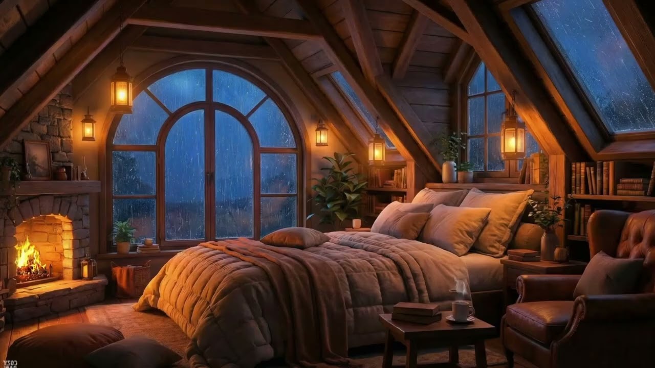 Cozy Rain on Window & Warm Fireplace | Deep Sleep, Study & Relaxing Ambience