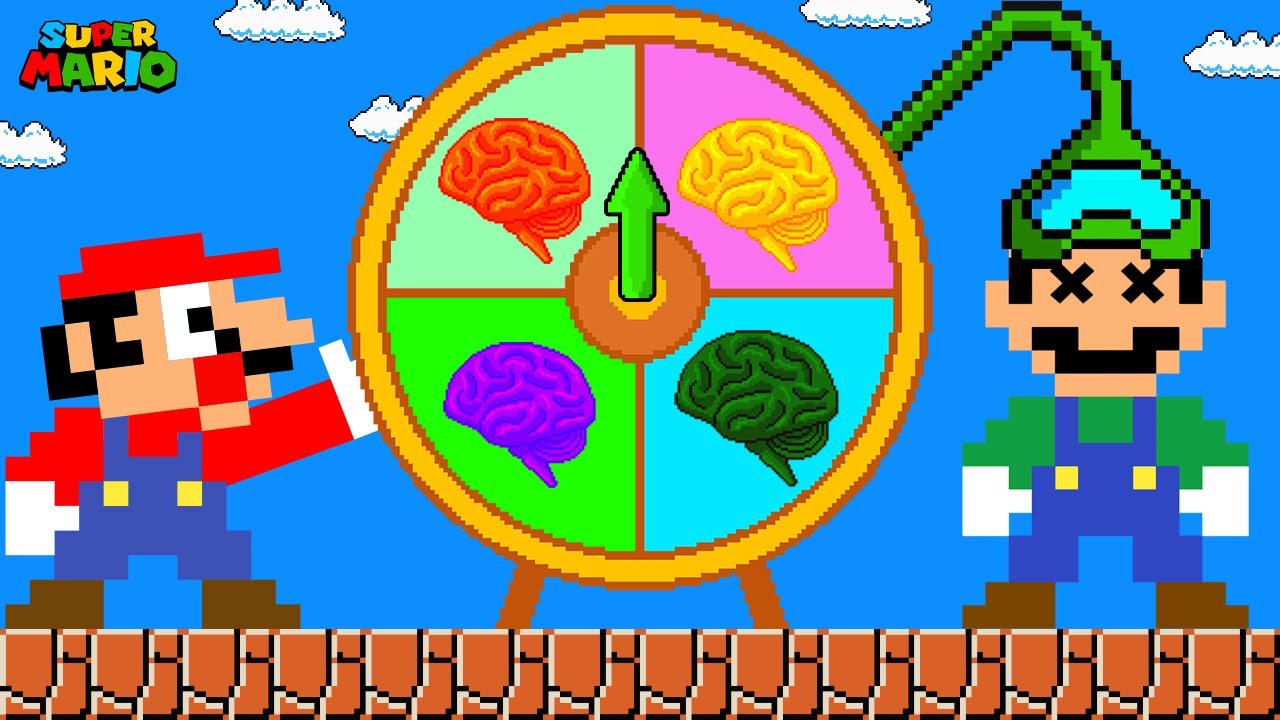 Марио и Луиджи выбирают МОЗГИ на вращающемся колесе.