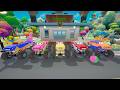 Funny Colorful Monster Trucks perform stunts on difficult obstacles