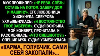 картинка: Муж и свекровь хотели забрать всё — дом, машину и честь. Но судья показала им, что такое карма!