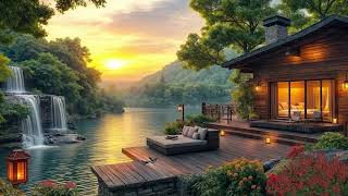 Sunset Lakeside Retreat 🌅 Waterfall, Evening Birds & Warm Nature Sounds for Relaxation & Inner Peace screenshot 4