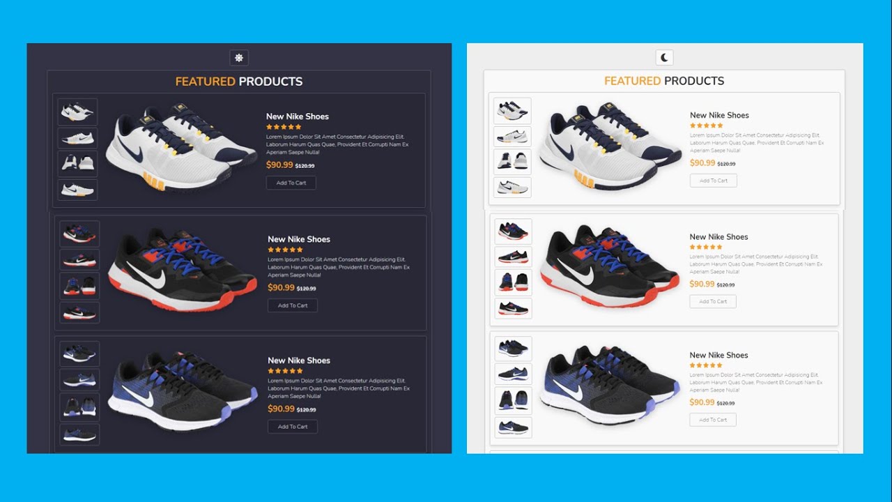 Create A Responsive E-Commerce Product Card UI Design Using HTML CSS JS || Dark & Light Mode Effect