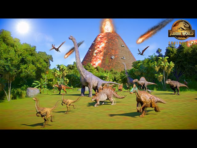 ALL DINOSAURS ESCAPING THE VOLCANO EXPLOSION IN ISLA SORNA | JURASSIC WORLD EVOLUTION 2 class=