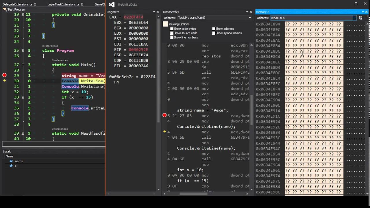 visual studio debug memory address