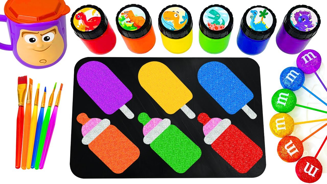 Oddly Satisfying Video l How I Made DIY Crunch Glitter 6 CREAM MILK Color Mixing Paint Lollipop ASMR