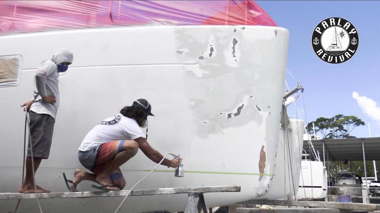 SPRAY DAY!! Hurricane damaged catamaran gets extreme make-over – Episode 46