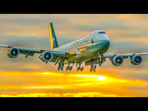 BOEING 747 LANDING during SUNSET & DEPARTURE - B747-8F at Liege + many CARGO PLANES (4K)
