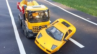 MERCEDES BENZ TRUCK CRASHES LAMBORGHINI - BRUDER TOYS SCANIA LIEBHERR CRANE LOW LOADER