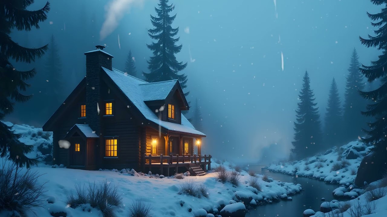 Mountain Cabin in Deep Winter | Relaxing Snow Ambience, Misty Pines & Gentle Stream Sounds
