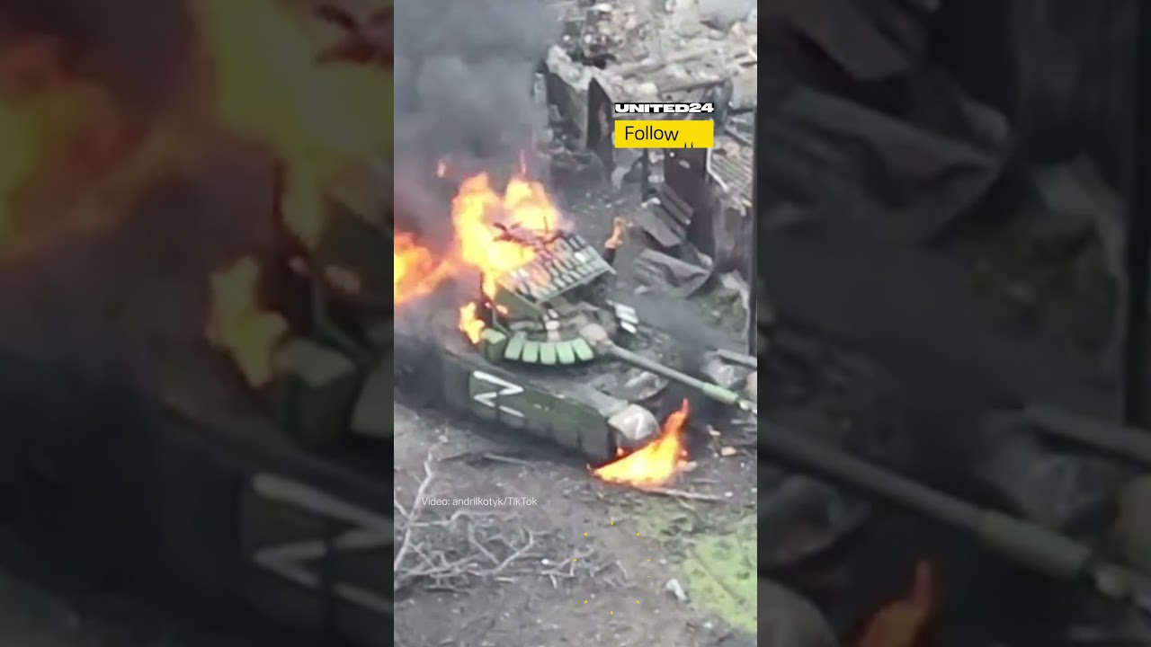 Burning Russian Tank Somewhere on the Ukrainian Battlefield 