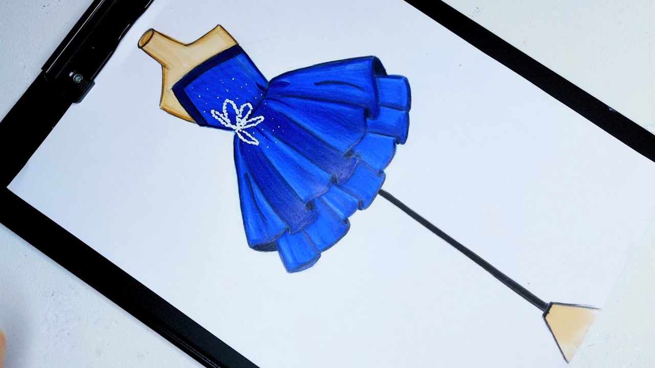 Drawing beautiful dress👗رسم فستان سهرة جميل باللون الأزرق سهل جدا / رسم فساتين سهرة/رسم سهل/رسم بنات