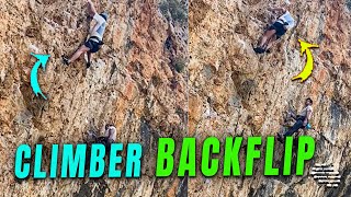 Climber, Tied to Safety Gear, Missteps and Backflips