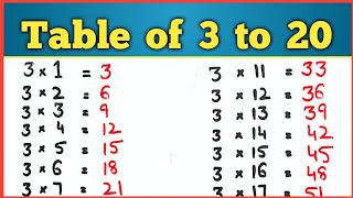 Table Of 3 To 20  Multiplication Of 3 To 20