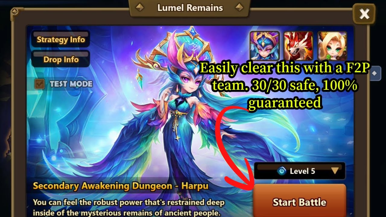 INSANELY Easy Lumel Remains Lvl 5 Clear! F2P Team Guide for Harpu Awakening Dungeon with Low Runes!
