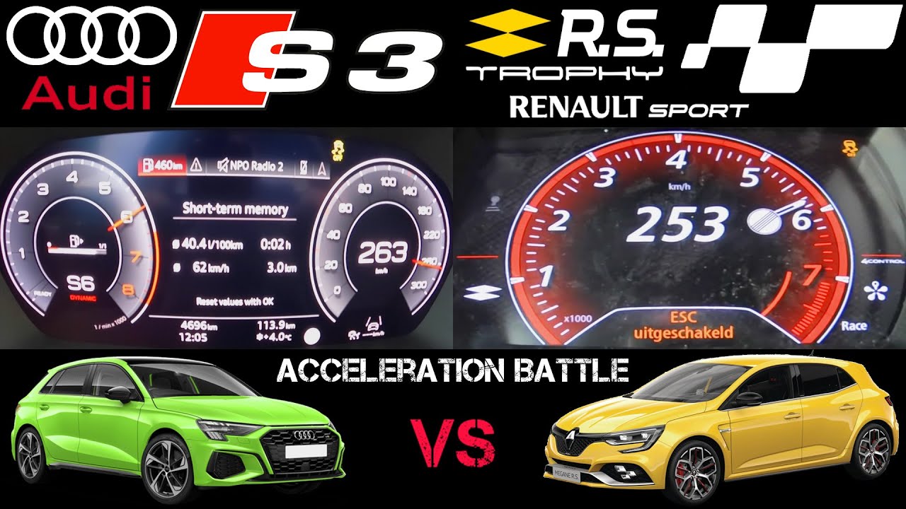 Exhaust sound battle 2021 Audi S3 8Y vs 2020 Renault Megane IV RS Trophy acceleration + top speed