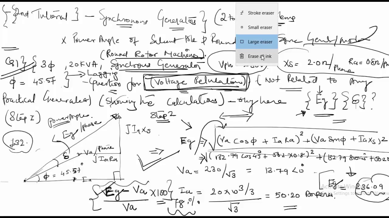 Examples Solved of find Power Angle , EMF for Round Rotor Alternator