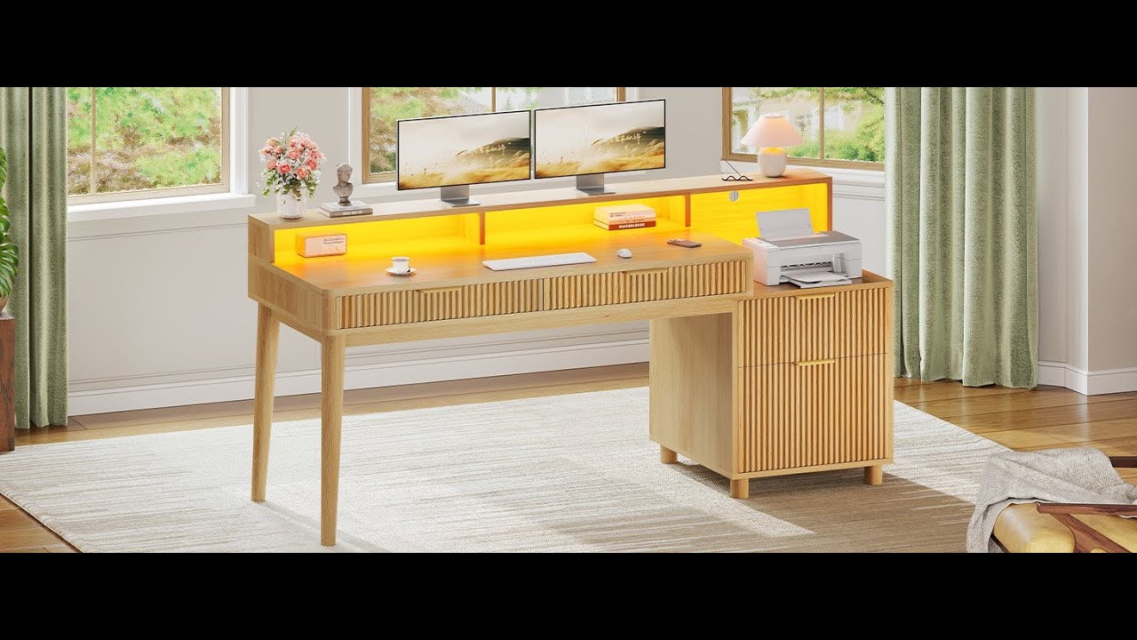 SEDETA 59 Inch Modern Office Desk with 4 Drawers Fluted Wood Gaming Desk with LED Lights