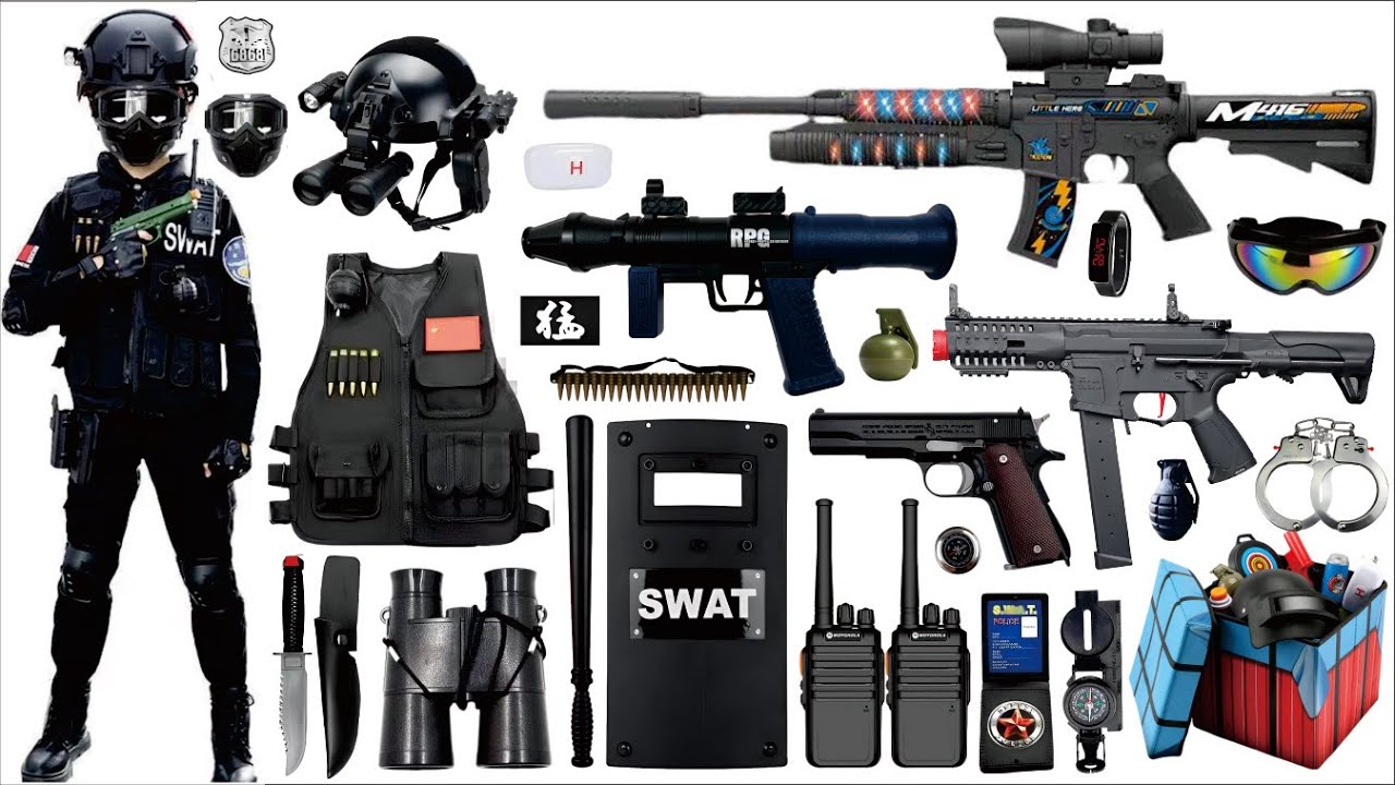 Unpack and collect toy guns, G36 submachine guns, M14 assault rifles, Colt 1911 pistols, and daggers