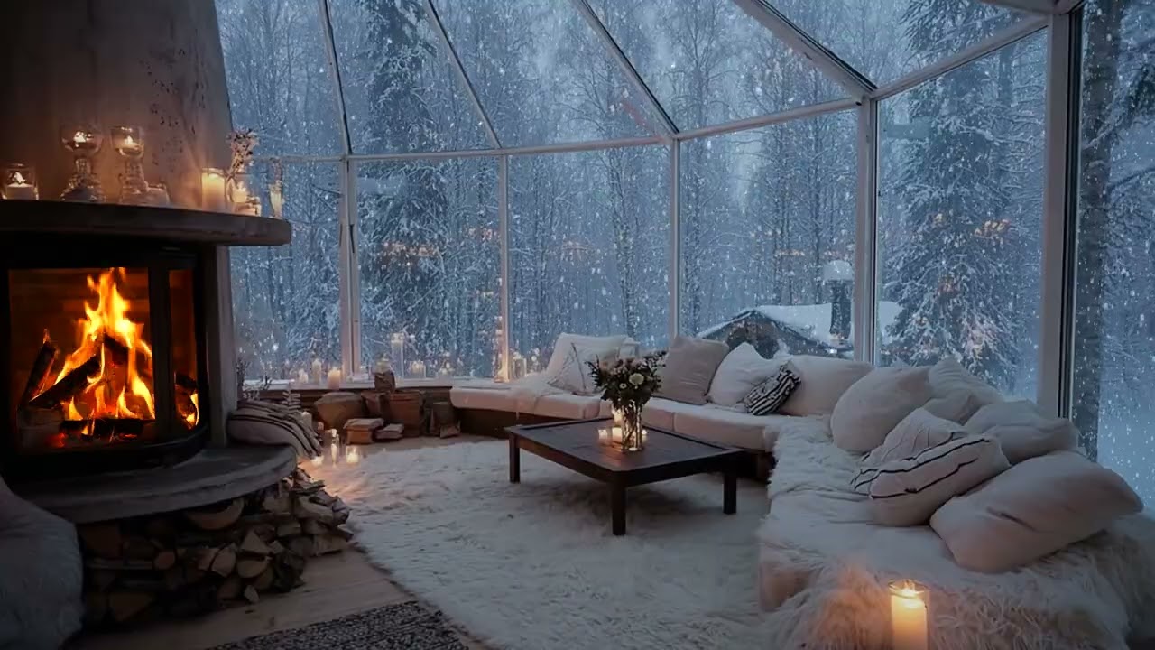 Snowy Night Focus Environment ❄️ Cozy Fireplace Crackles with Calm Lounge Piano Flow
