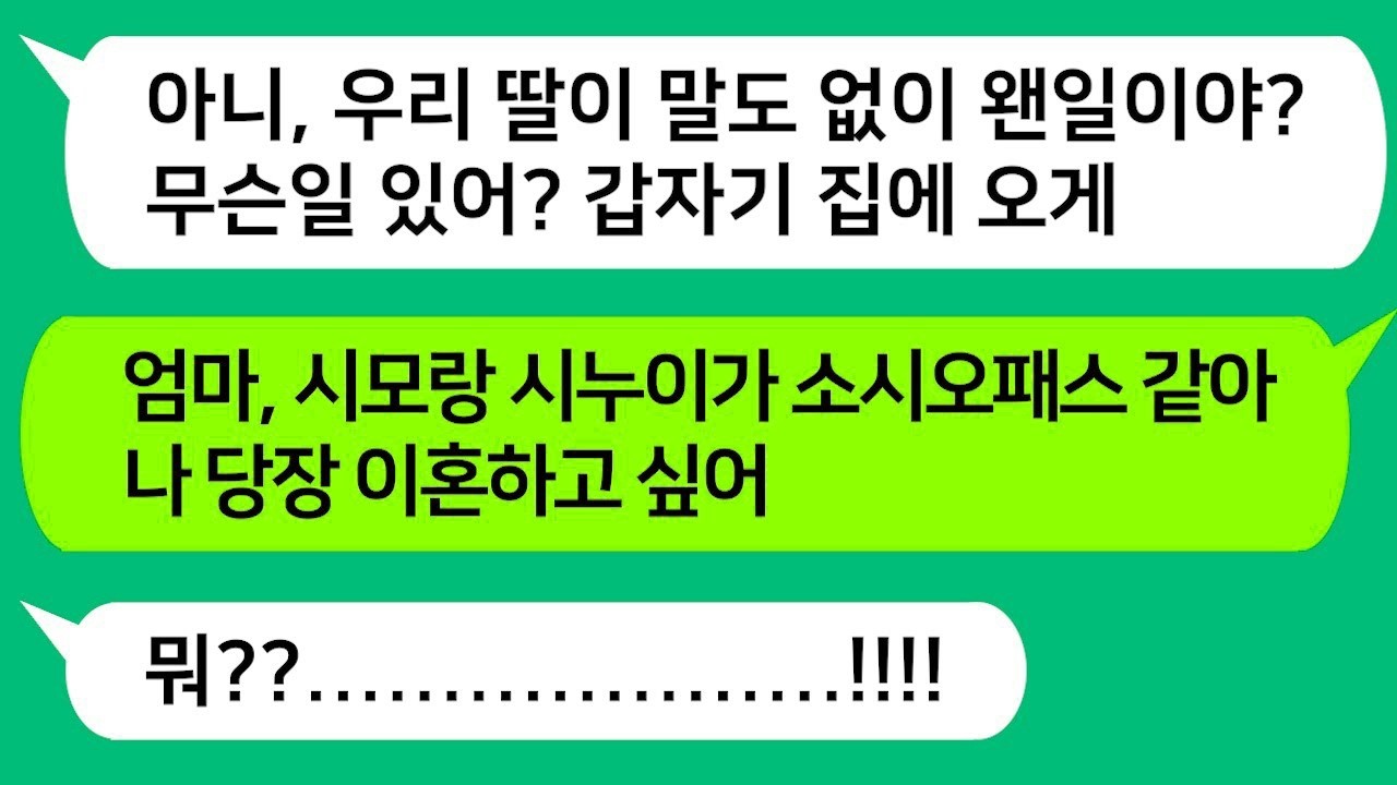톡톡사이다 결혼 후 합가해서 시모랑 사는 딸이 어느날 갑자기 집에 찾아와   엄마! 나 이혼할래 시모랑 시누이가 이상해  하길래 이유를 듣고 열받아서 참교육하러 갑니다!!!!