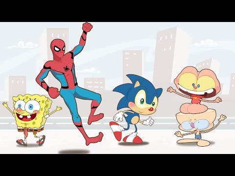 Mongo e Drongo e Homem-Aranha e Sonic e Bob Esponja contra Venom e Thanos - Desenho animado infantil