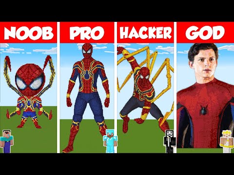 Minecraft TNT SPIDERMAN STATUE HOUSE BUILD CHALLENGE - NOOB vs PRO vs HACKER vs GOD / Animation