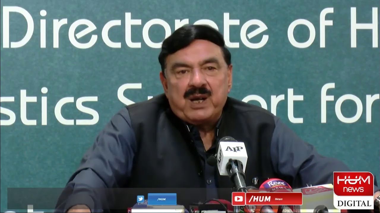 Federal Minister Sheikh Rasheed talks to media