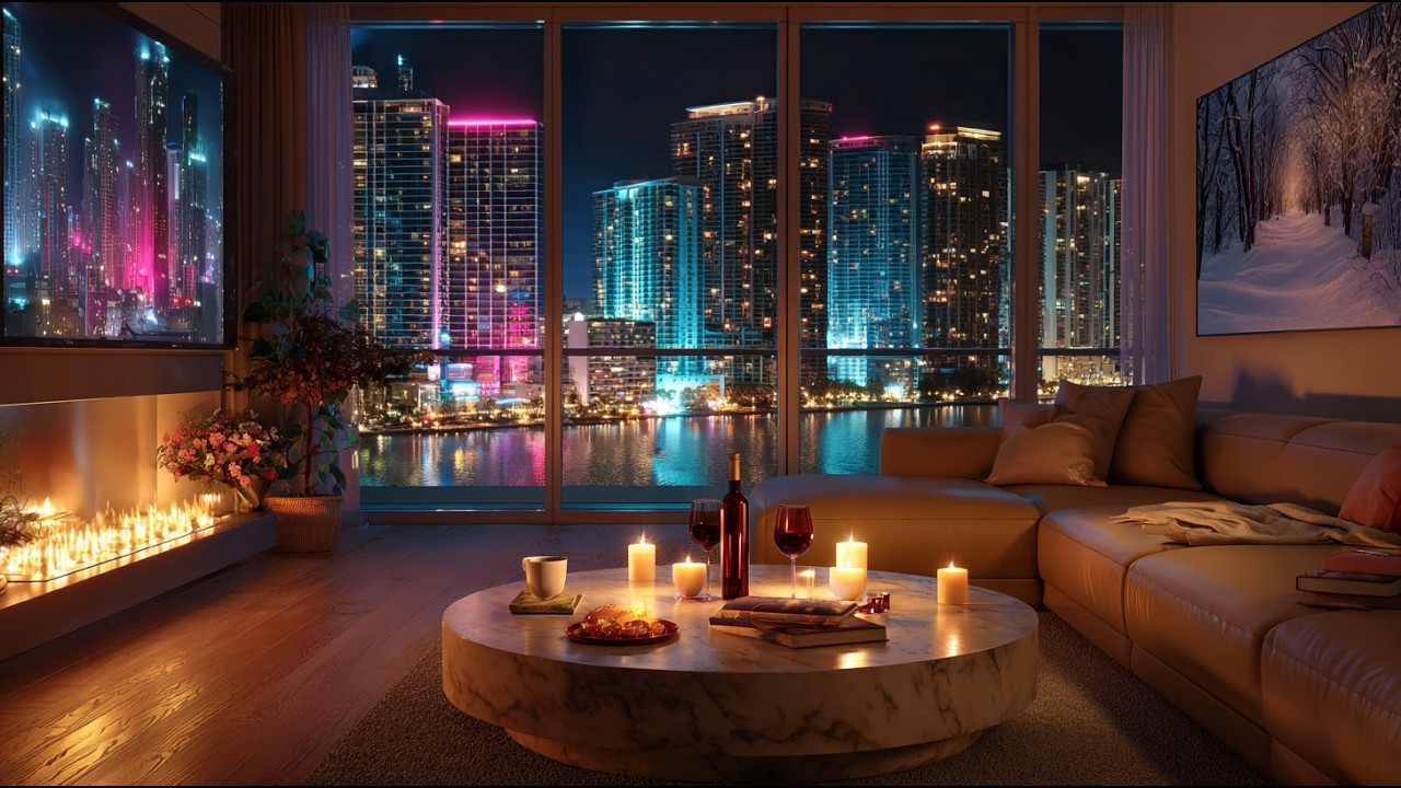 San Francisco Night Piano Jazz | Cozy Penthouse Fireplace Focus for Deep Work & Coding