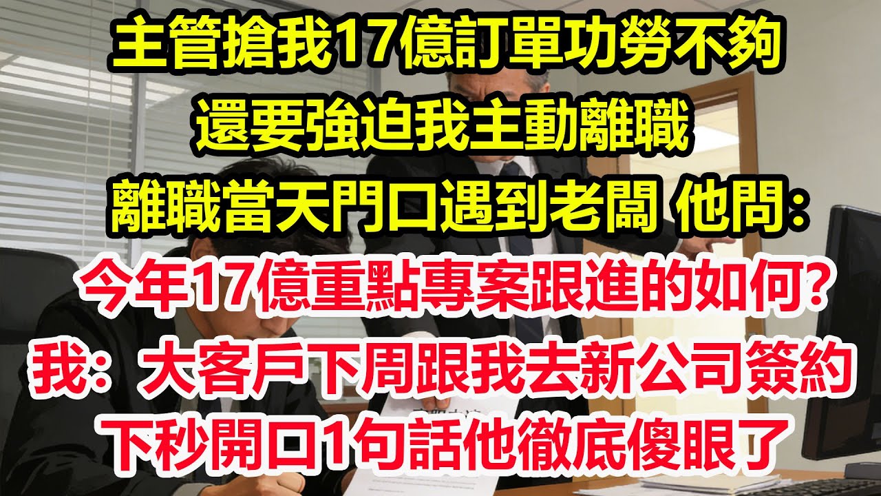 主管搶我17億訂單功勞不夠，還要強迫我主動離職，離職當天門口遇到老闆，他問：今年17億重點專案跟進的如何？我：大客戶下周跟我去新公司簽合同，下秒開口1句話他徹底傻眼了！#情感 #爽文 #職場 #生活