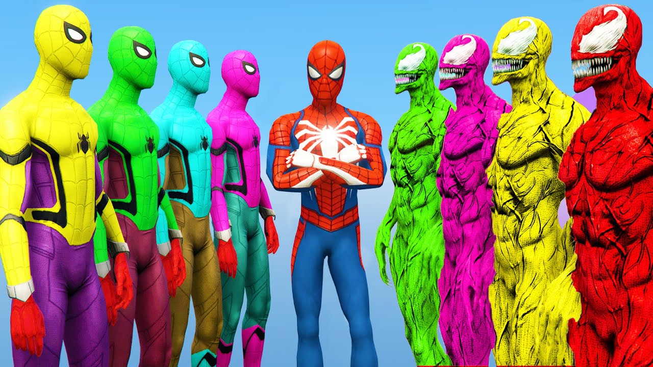 Spider-Man, Green Spiderman, Blue Spiderman, Yellow Spiderman, Black Spiderman VS Venom Army ep.3