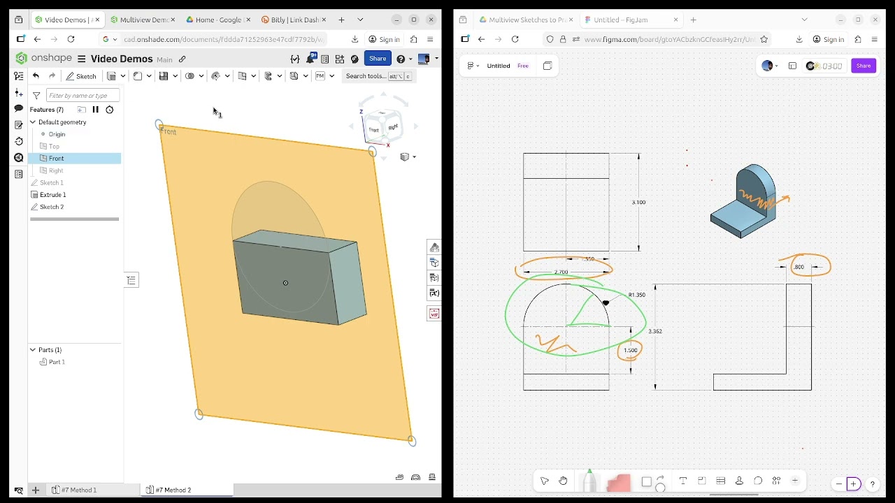 OnShape - Multiview Sketch to 3D #7 - Method 2 of 4