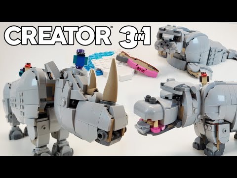 YouTube thumbnail: LEGO Creator Review: Rhino With Tickbirds (2025 Set 31171) Hippo &amp; Walrus too!