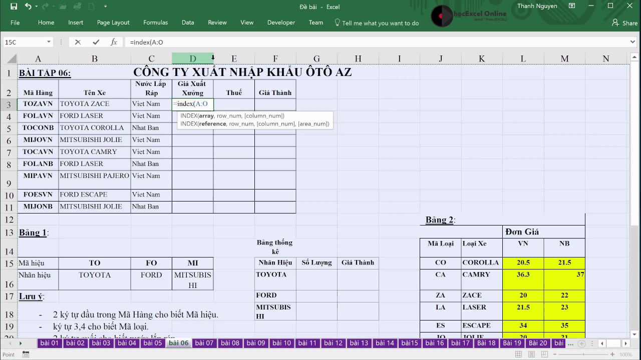 Hàm HLOOKUP, VLOOKUP, INDEX, MATCH, IF, tính phần... - youtube