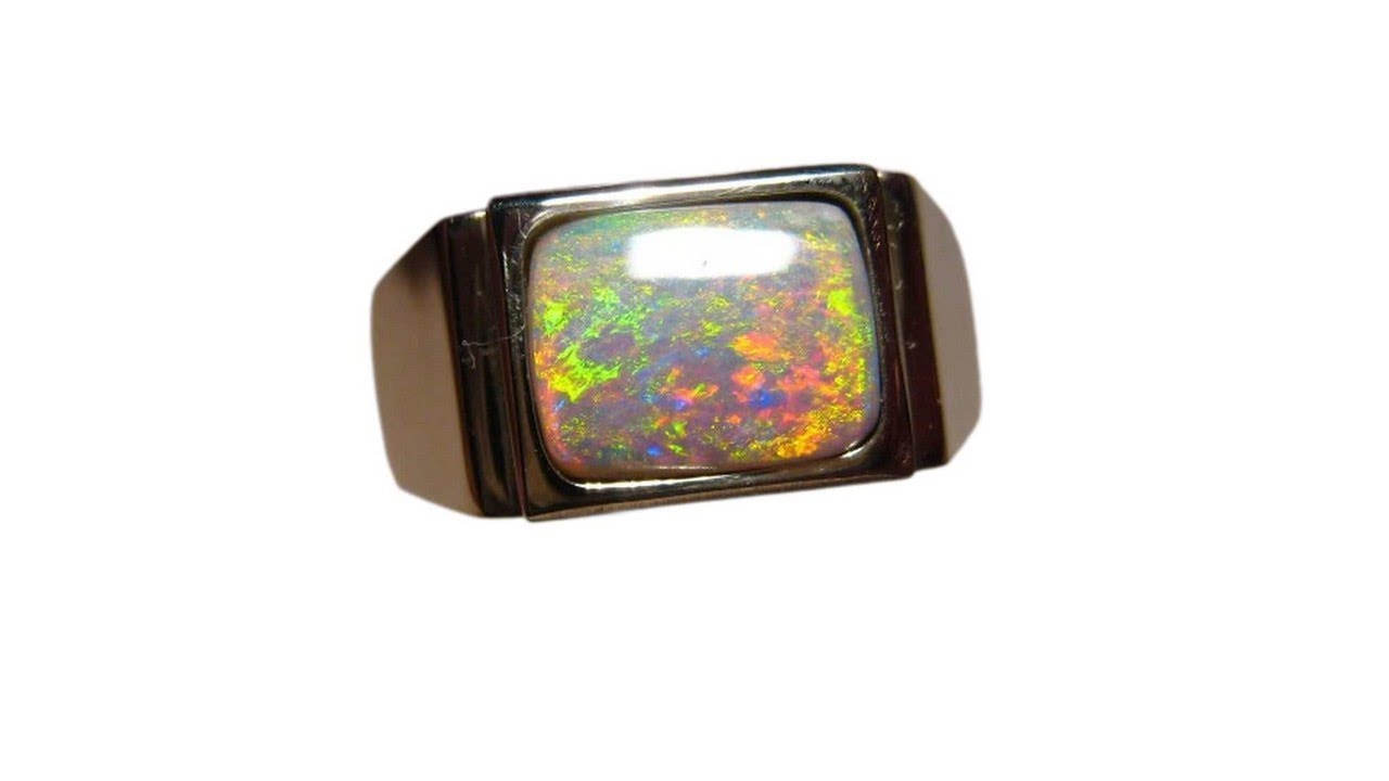 Mens Semi Black Opal Ring 14k Gold Rectangle - 7849 | FlashOpal