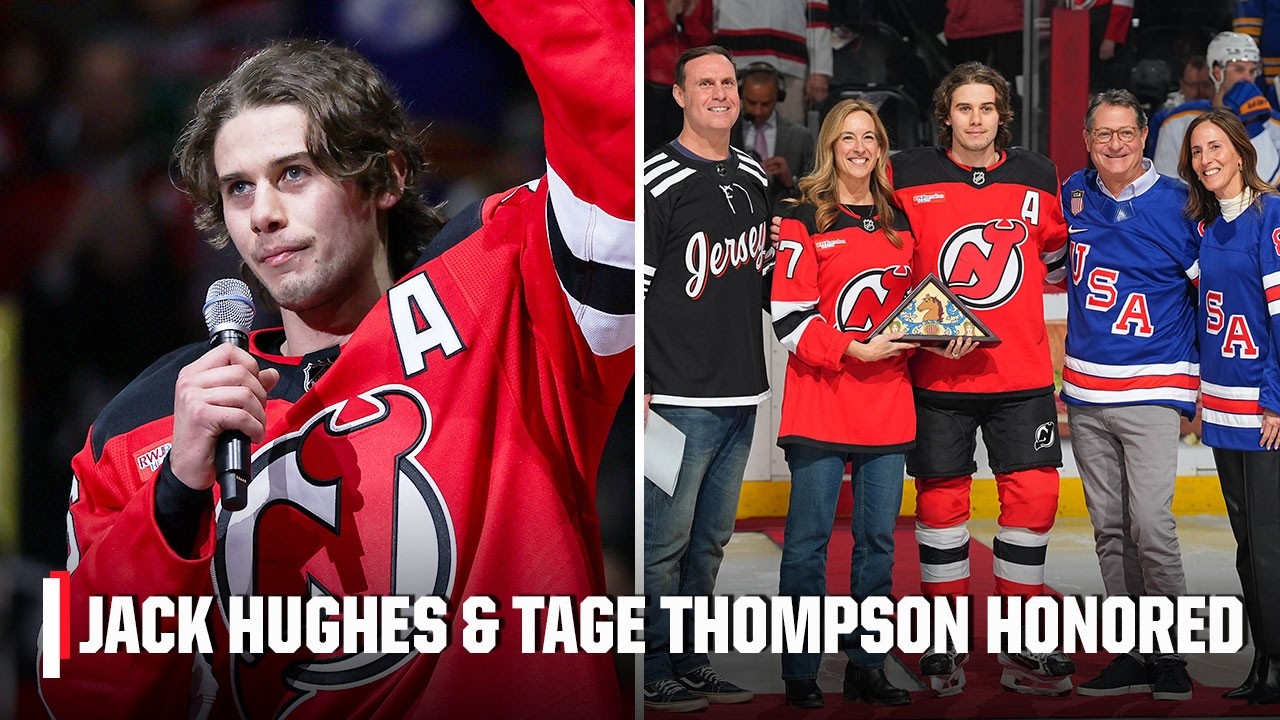 Jack Hughes congratulates men's and women's USA hockey before ceremonial puck drop 👏 | NHL on ESPN