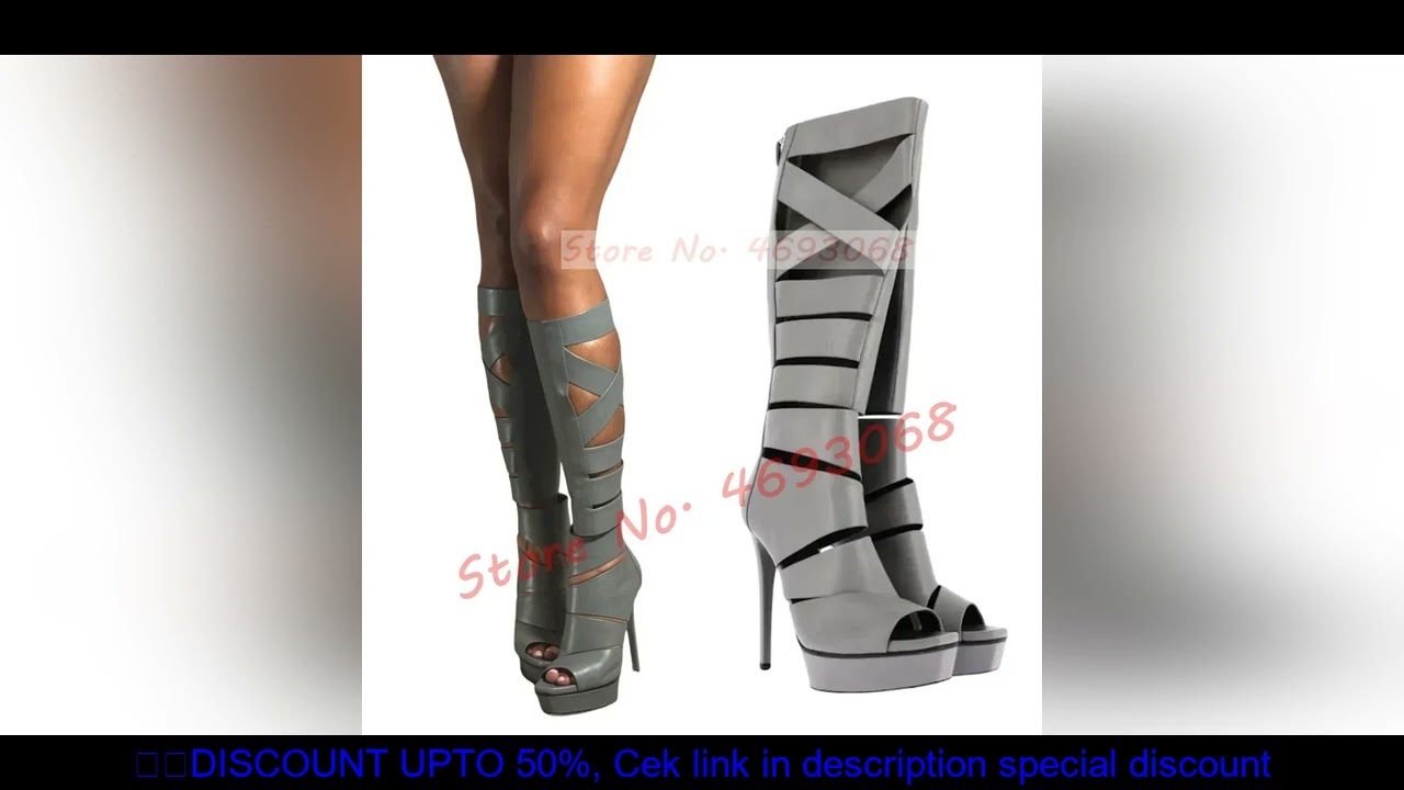 Grey Platform Gladiator Sandal Boots Women Cross Belts High Heel Open Toe Boots Ladies Fashion Putte
