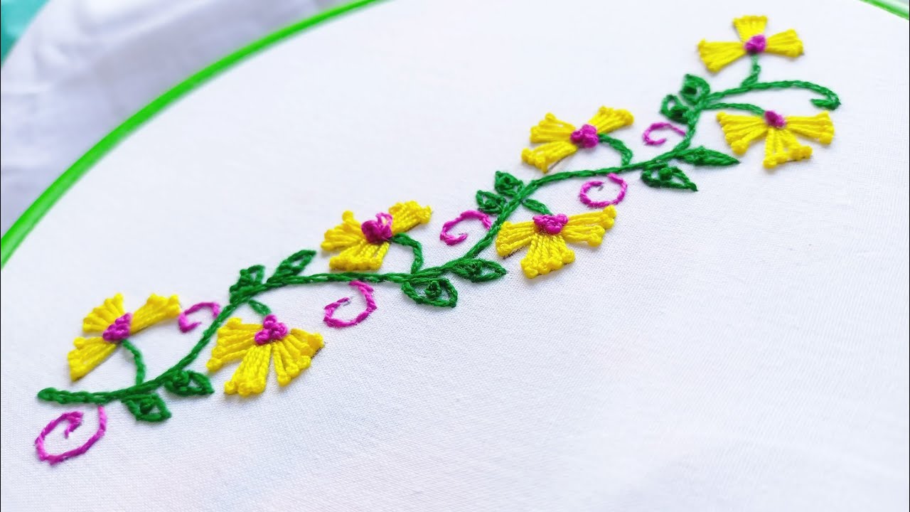 Hand Embroidery borderline design StitchChain,pistil,Stem stitch