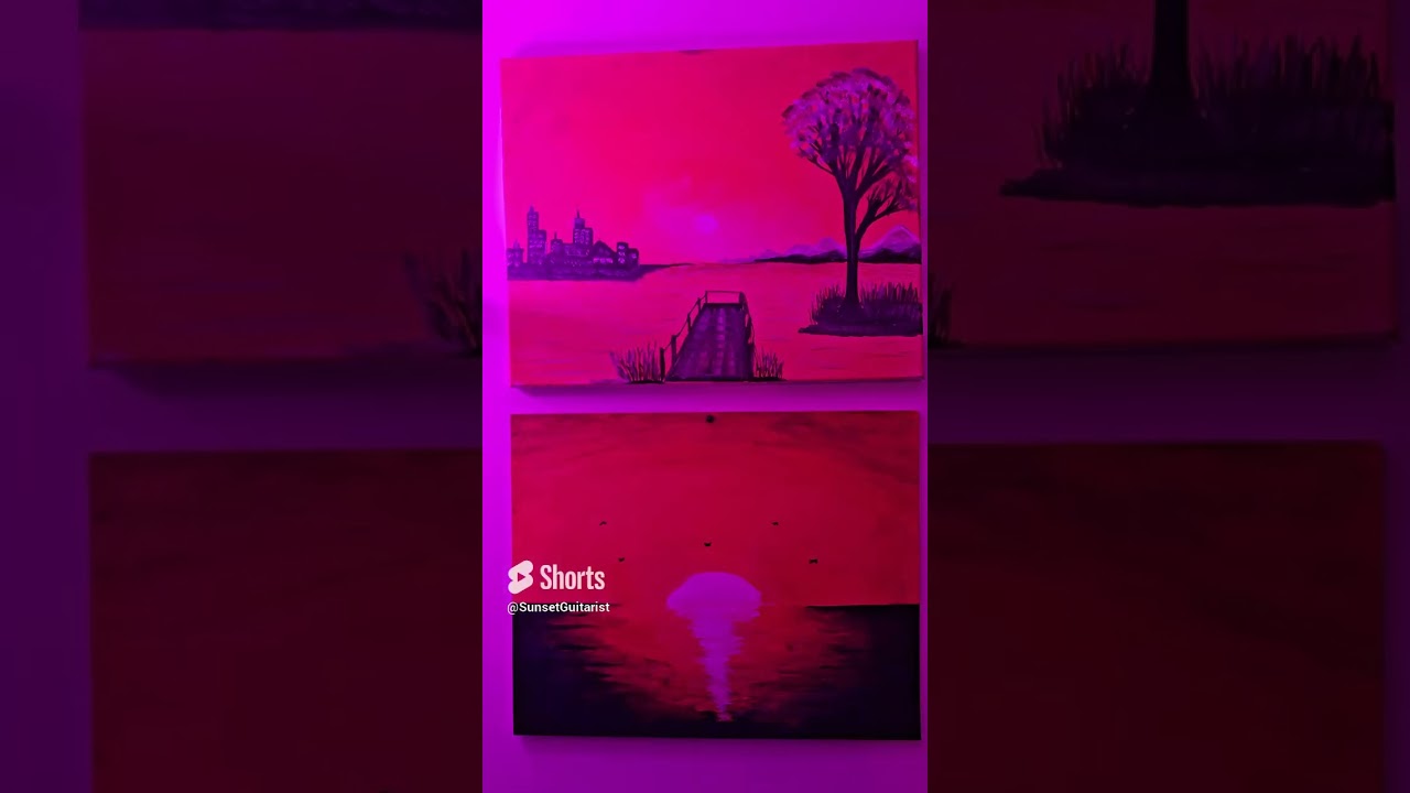 My very first Sunset acrylic painting 2015 below a recent Sunset oil painting 2024 w LED lights