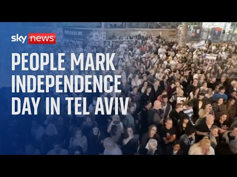 People gather at Hostages Square in Tel Aviv to mark Independence Day