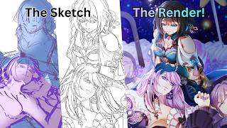 Sketch to Render! My Lineart to render drawing process { Procreate }