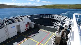 Ferry boat leaving Toft Port Shetland Mainland for island of Yell Scotland UK