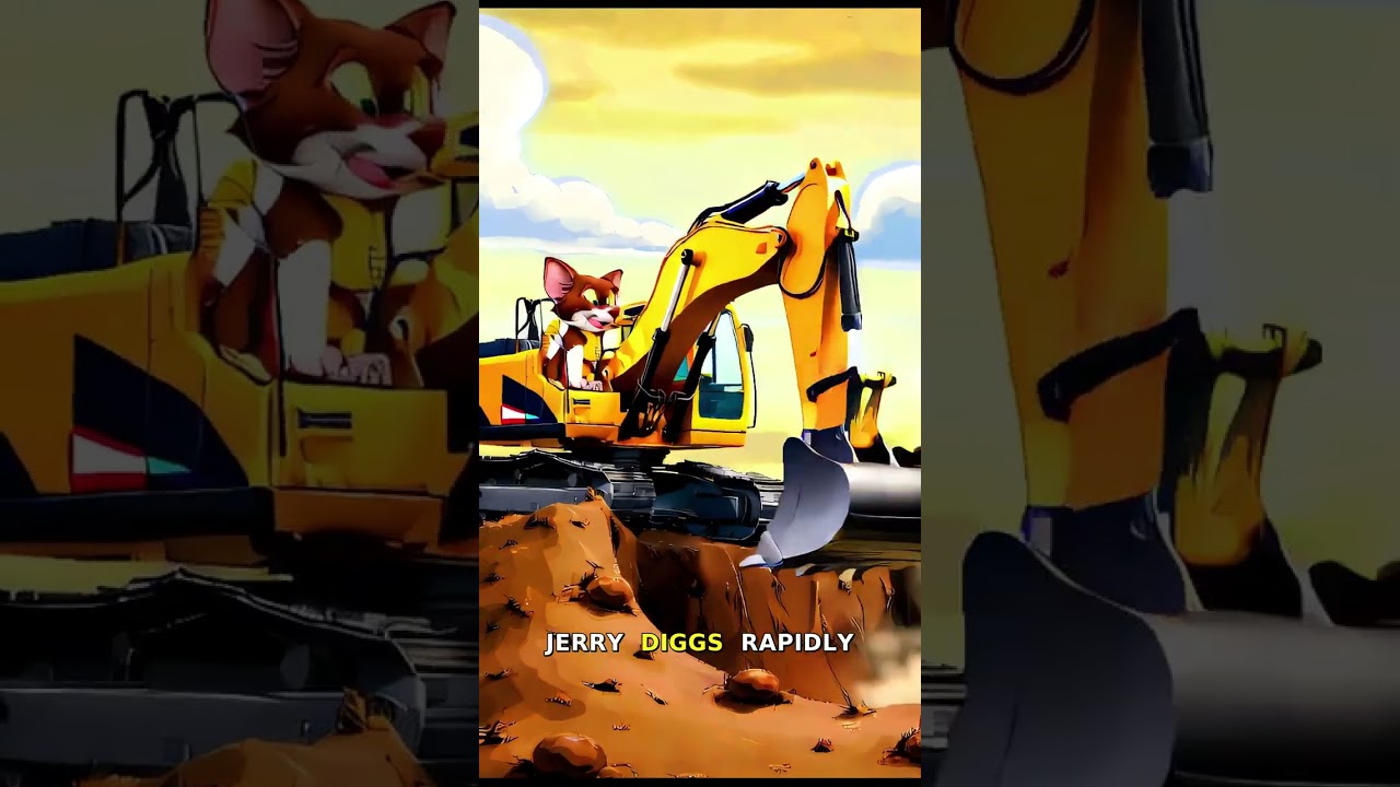 Cheerful Mouse Operator in Yellow Excavator Cab Adventure,Jerry the mouse excavator digs through glo