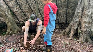 Father&Son Lean-to Build Camp&Cooking Leftovers